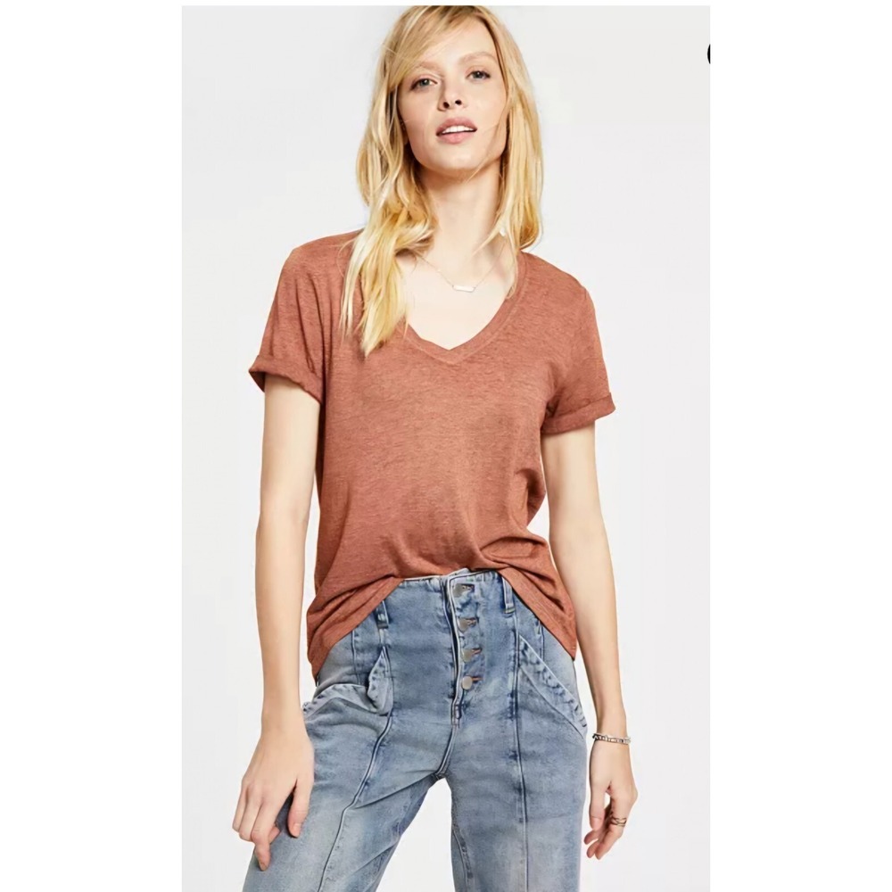 NEW Hippie‎ Rose V-Neck Burnout T-Shirt Baha Brown, High Low Hem, Size S